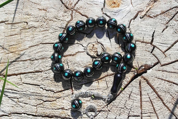 Maskot Yeşil Firuze Karpuz İşlemeli Oltu Sıkma Tespih - Resim 3