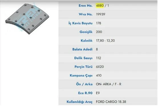 KAMPANA BALATA YENI MODEL FORD CARGO 18.38 19939 ürün görseli