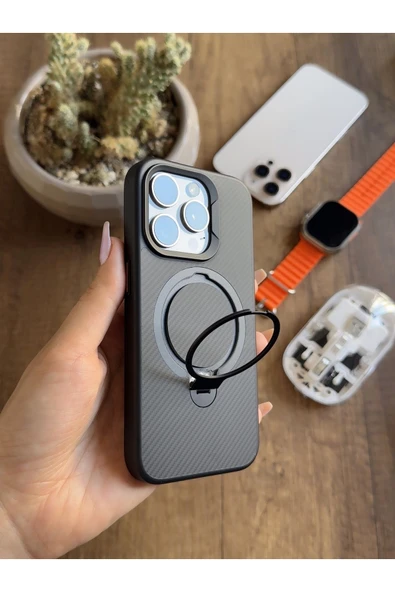 MTL iPhone 15 Pro Uyumlu Karbon Desenli Standlı Ve MagSafe Uyumlu Kılıf SooCase700 - 3