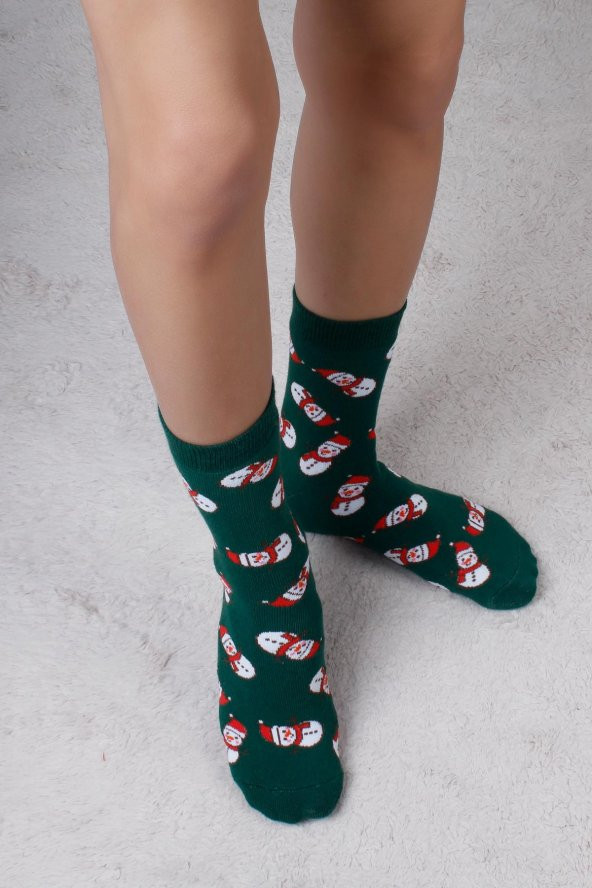 Kardan Adam Desenli Koyu Yeşil Christmas Yılbaşı Çorabı - 3