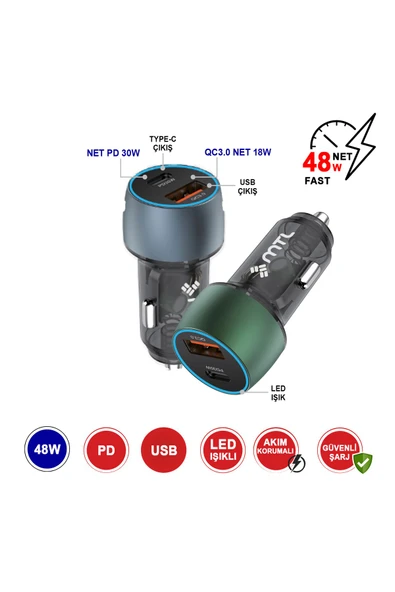 MTL 48W (PD) QC3.0 Hızlı Şarj Destekli Çift Portlu (Type-C ve USB) Araç Şarj Cihazı MT-A1832 - 2