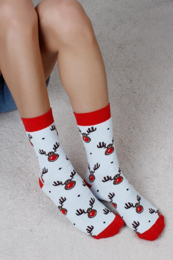 Geyik Desenli Beyaz Christmas Yılbaşı Çorabı