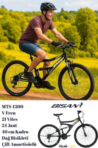 Bisan Mts 4300 V Fren 21 Vites 24 Jant Dağ Bisikleti Çift Amortisörlü Siyah Sarı 40 Kadro - Resim 3