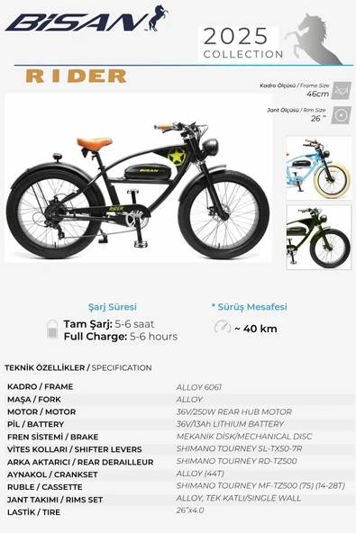 Bisan Rider Elektrikli Bisiklet 46 Cm Disk Fren 26 Jant 7 Vites Mat Siyah - Resim 6