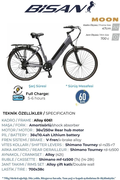Bisan MOON ELEKTRİKLİ BİSİKLET 47 CM V 700C JANT 7 VİTES METALİK GRİ SİYAH - Resim 8