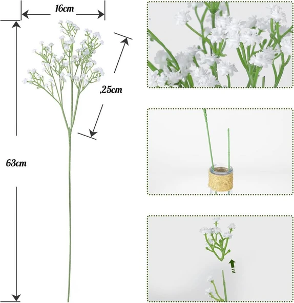 Uzun Dal Yapay Çiçek Plastik Beyaz Cipso 4Dallı 63cm - Resim 2