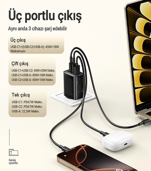 Acefast 67W PD 2X USB-C + USB-A 3 Port Hızlı Şarj Aleti Isı Düşüren GaN Destekli Akım Korumalı Güç Adaptörü iPhone & Android & iPad & MacBook Type-C - A108 - 12