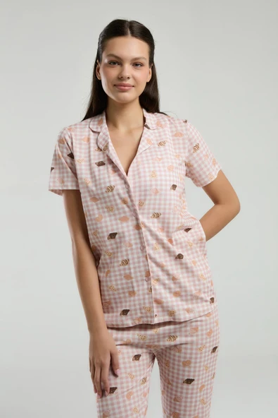 Roly Poly Kadın Gömlek Yaka Önden Düğmeli Kısa Kol Pijama Takım - 2