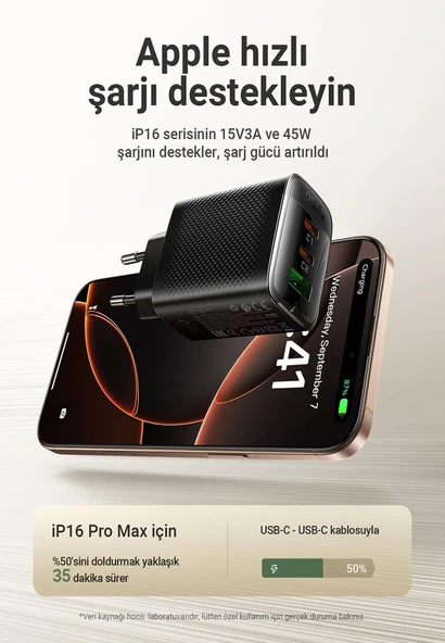 Acefast 67W PD 2X USB-C + USB-A 3 Port Hızlı Şarj Aleti Isı Düşüren GaN Destekli Akım Korumalı Güç Adaptörü iPhone & Android & iPad & MacBook Type-C - A108 - 7