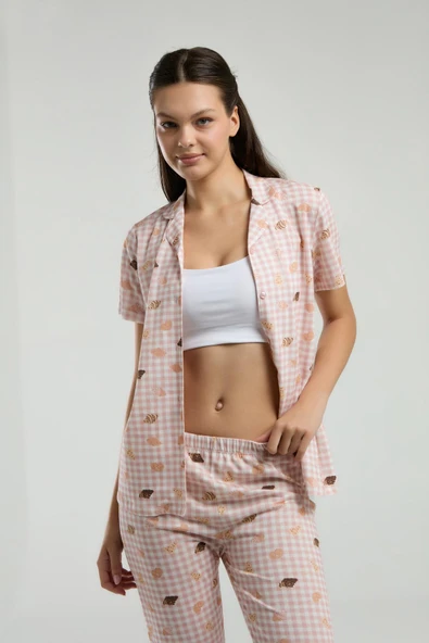 Roly Poly Kadın Gömlek Yaka Önden Düğmeli Kısa Kol Pijama Takım - 3