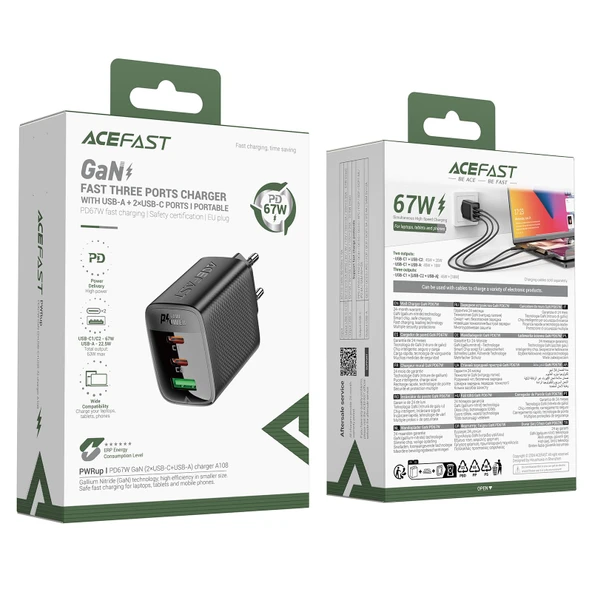 Acefast 67W PD 2X USB-C + USB-A 3 Port Hızlı Şarj Aleti Isı Düşüren GaN Destekli Akım Korumalı Güç Adaptörü iPhone & Android & iPad & MacBook Type-C - A108 - 6