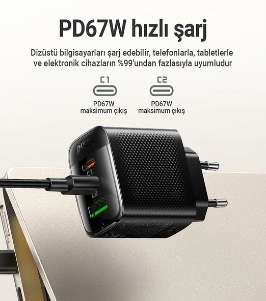 Acefast 67W PD 2X USB-C + USB-A 3 Port Hızlı Şarj Aleti Isı Düşüren GaN Destekli Akım Korumalı Güç Adaptörü iPhone & Android & iPad & MacBook Type-C - A108 - 9