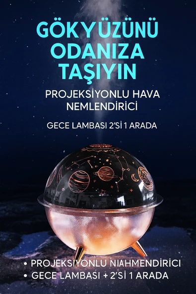 Projektörlü Yansıtmalı Çocuk Bebek Odası Gece Lambası Hava Nemlendirici İkisi Bir Arada