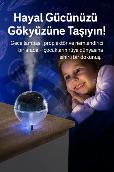 Projektörlü Yansıtmalı Çocuk Bebek Odası Gece Lambası Hava Nemlendirici İkisi Bir Arada - 2