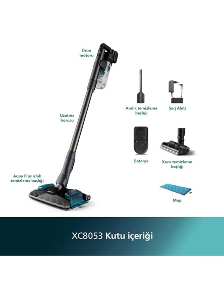 Philips 8000 Serisi Aqua Plus Dikey Süpürge, 80 Dakika Çalışma, Mop ve Kuru Özellik, Akıllı Başlık XC8053/01 - 6