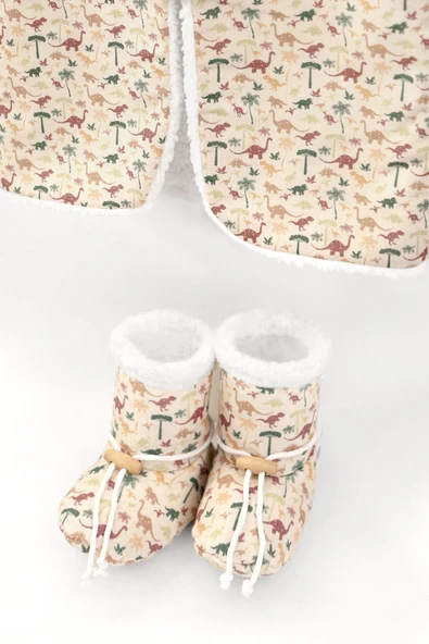 Bebek Yelek & Patik 0-6 Ay Dino Bej - Resim 3