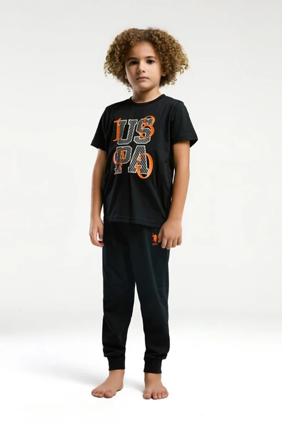 U.S. Polo Assn. Erkek Çocuk Siyah Kısa Kol Paça Lastikli Rahat Pijama Takım - Resim 3