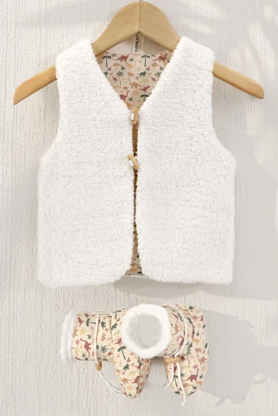 Bebek Yelek & Patik 6-12 Ay Dino Bej - Resim 6