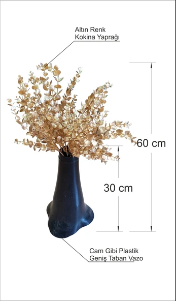 Ev Ofis Hediyesi Masa Sehpa Süsü Uzun 60 cm Altın Renk Kokina Yaprakları Yapay Bitki Vazolu Çiçek - 2