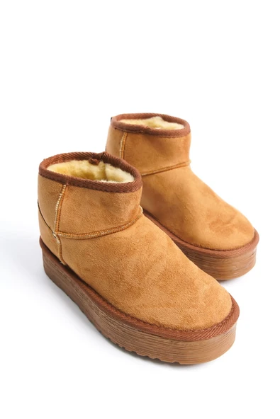 JET-AMELIA Bağcıksız Düz ve Kalın Taban İçi Kürklü Kısa Süet Kadın Bot  STT - Taba - Resim 4