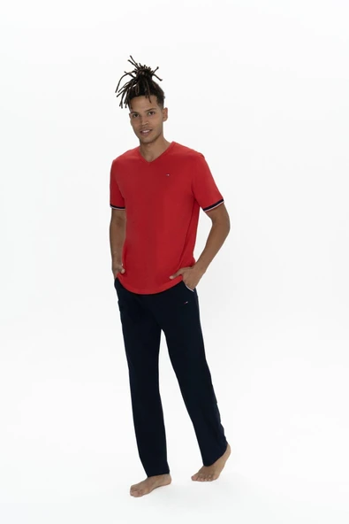 U.S. Polo Assn. Büyük Beden Erkek Kırmızı Yarım Kollu V Yaka Pijama Takım - 2