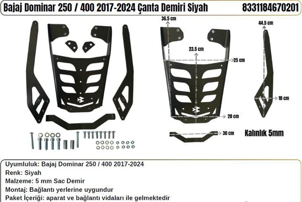 Bajaj Dominar 250-400 Arka Çanta Taşıma Demiri-2017-2024 Uyumlu- Siyah- 5 mm