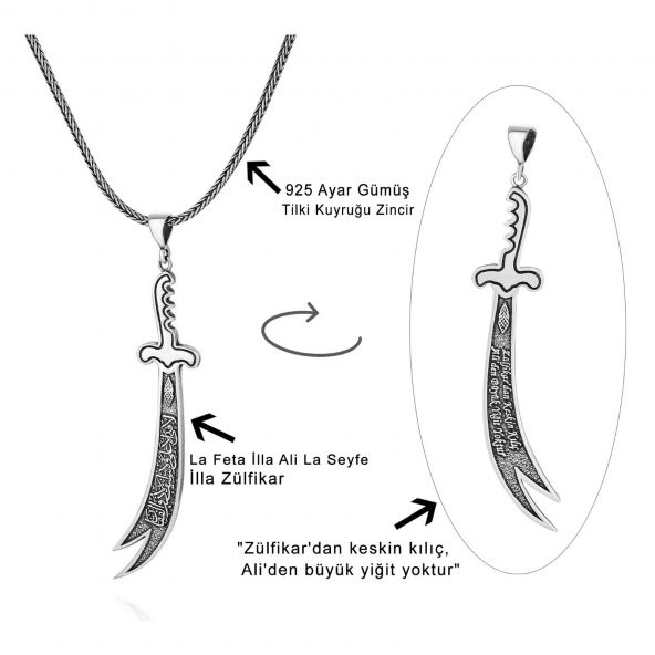 Zülfikar Hz.Ali Sözü Kılınç 60 cm 925 Gümüş Kolye - 3