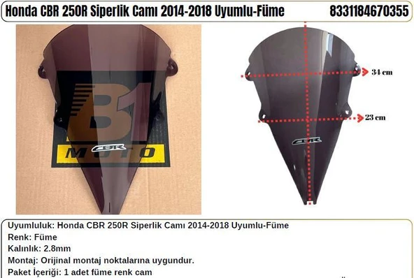 Honda CBR 250R Füme (2014-18) Siperlik Camı