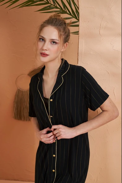 Pjs Kadın Gold Detaylı Çizgili Boydan Düğmeli Kısa Kol Elbise - 4