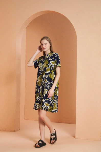 Pjs Kadın Çiçek Desenli Düğmeli Yaka Kısa Kol Viskon Elbise - 2