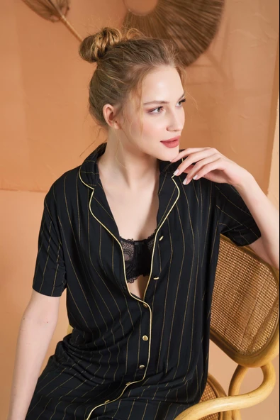 Pjs Kadın Gold Detaylı Çizgili Boydan Düğmeli Kısa Kol Elbise - 2