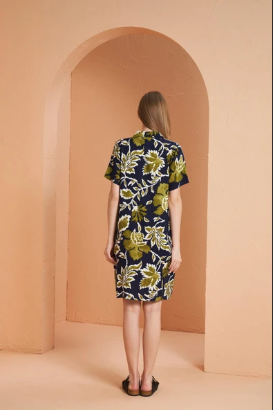 Pjs Kadın Çiçek Desenli Düğmeli Yaka Kısa Kol Viskon Elbise - 4