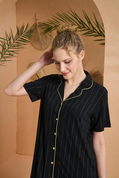 Pjs Kadın Gold Detaylı Çizgili Boydan Düğmeli Kısa Kol Elbise - 5