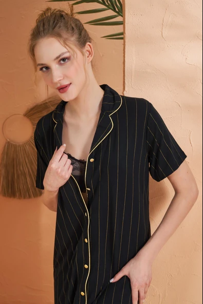 Pjs Kadın Gold Detaylı Çizgili Boydan Düğmeli Kısa Kol Elbise - 3