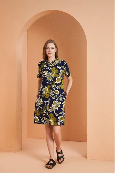 Pjs Kadın Çiçek Desenli Düğmeli Yaka Kısa Kol Viskon Elbise