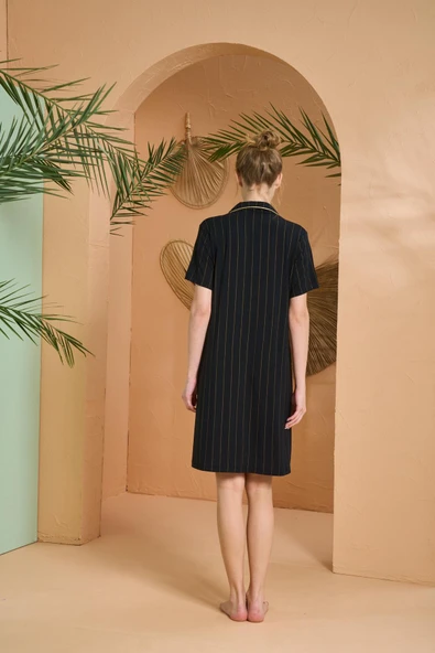 Pjs Kadın Gold Detaylı Çizgili Boydan Düğmeli Kısa Kol Elbise - 6