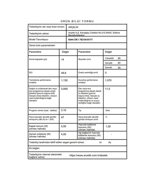 Arçelik 6444 OK I 4 Programlı 14 Kişilik Bulaşık Makinesi - Resim 6