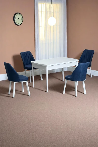 Kaktüs Avm Florn Beyaz 80 x 132 Açılabilen Sunta Masa Metal Ayaklı Mutfak Masası Takımı 4 Lacivert Sandalye ürün görseli