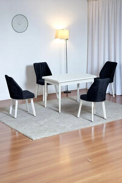Kaktüs Avm ARVEN Beyaz MDF 70x110 Sabit Mutfak Masası Takımı Beyaz Metal Ayak 4 Siyah Sandalye ürün görseli