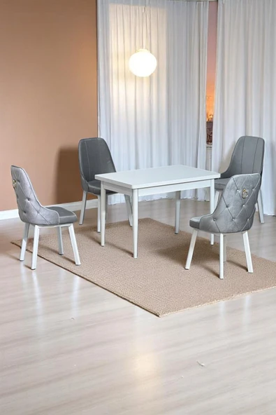 Kaktüs Avm Still Beyaz Sunta 70x110 Sabit Mutfak Masası Takımı Beyaz Metal Ayak 4 Gri Sandalye ürün görseli