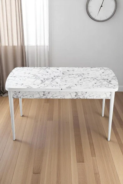 Kaktüs Avm Milas Serisi 80 x 132 Açılabilen Beyaz Mermer MDF Mutfak Masası, Yemek Masası Metal Ayak ürün görseli