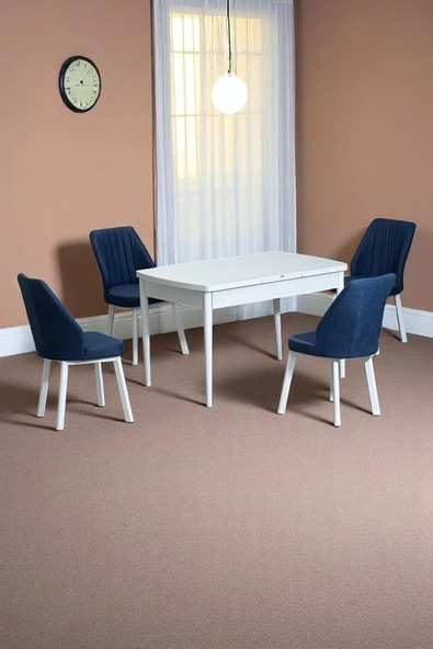 Kaktüs Avm Florn Beyaz 80 x 132 Açılabilen MDF Masa Metal Ayaklı Mutfak Masası Takımı 4 Lacivert Sandalye ürün görseli