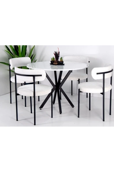 Kaktüs Avm 4 Sandalye 1 Adet 90 Cm Çap Masa Teddy Pufuduk Kumaş Salon Mutfak Balkon - 2