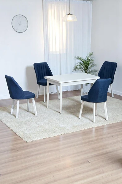 Kaktüs Avm ARVEN Beyaz MDF 70x110 Sabit Mutfak Masası Takımı Beyaz Metal Ayak 4 Lacivert Sandalye - 1