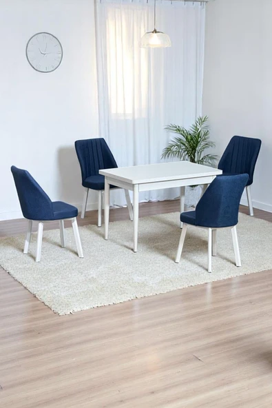 Kaktüs Avm ARVEN Beyaz Sunta 70x110 Sabit Mutfak Masası Takımı Beyaz Metal Ayak 4 Lacivert Sandalye - 1