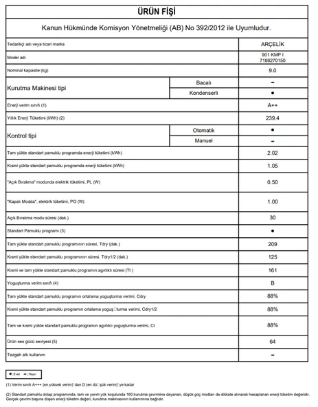 Arçelik 901 KMP I 9 KG Isı Pompalı Çamaşır Kurutma Makinesi - Resim 7
