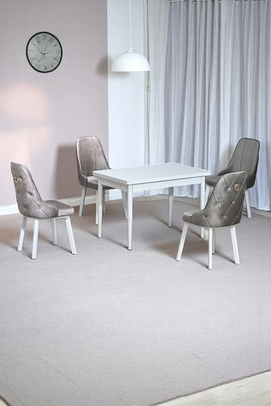Kaktüs Avm Still Beyaz MDF 70x110 Sabit Mutfak Masası Takımı Beyaz Metal Ayak 4 Cappucino Sandalye - 1