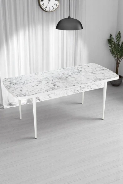 Kaktüs Avm Milas Serisi 80 x 132 Açılabilen Beyaz Mermer MDF Mutfak Masası, Yemek Masası Metal Ayak - 2