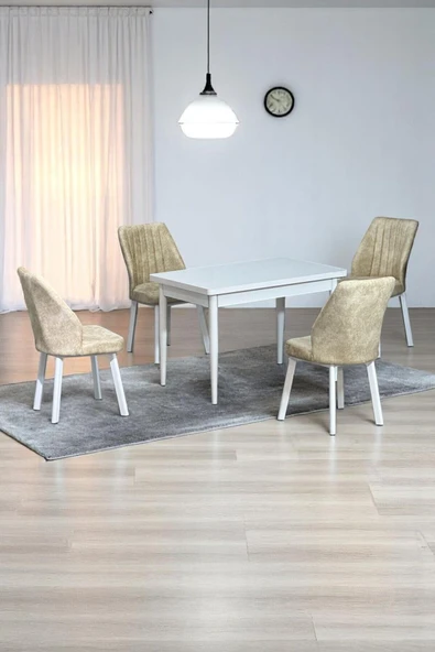 Kaktüs Avm ARVEN Beyaz MDF 70x110 Sabit Mutfak Masası Takımı Beyaz Metal Ayak 4 Krem Sandalye ürün görseli
