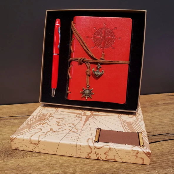 Kırmızı Pusula Tasarım Deri Defter Ve Touchpen Kalem Seti ürün görseli